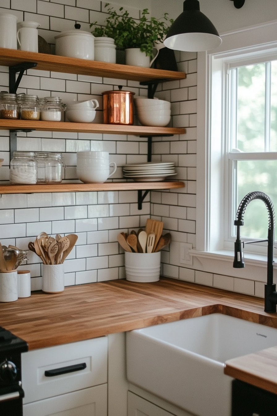 White subway tiles with butcher block countertops for a timeless kitchen design