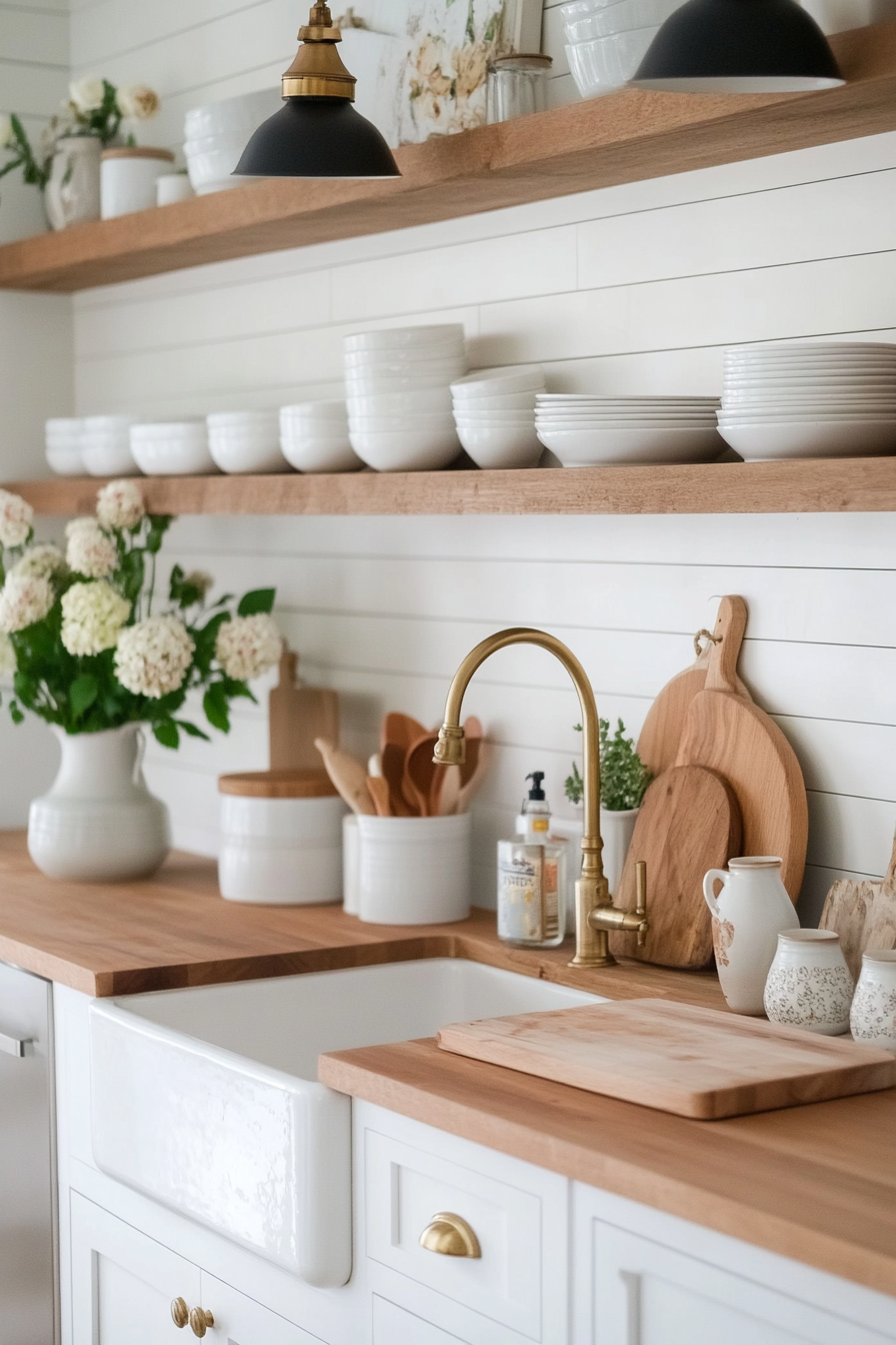 Shiplap backsplash with butcher block countertops for farmhouse charm