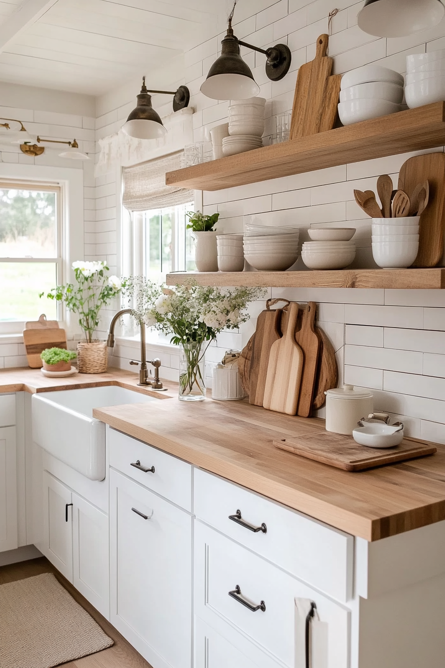 White shiplap paired with butcher block countertops in a farmhouse-style kitchen