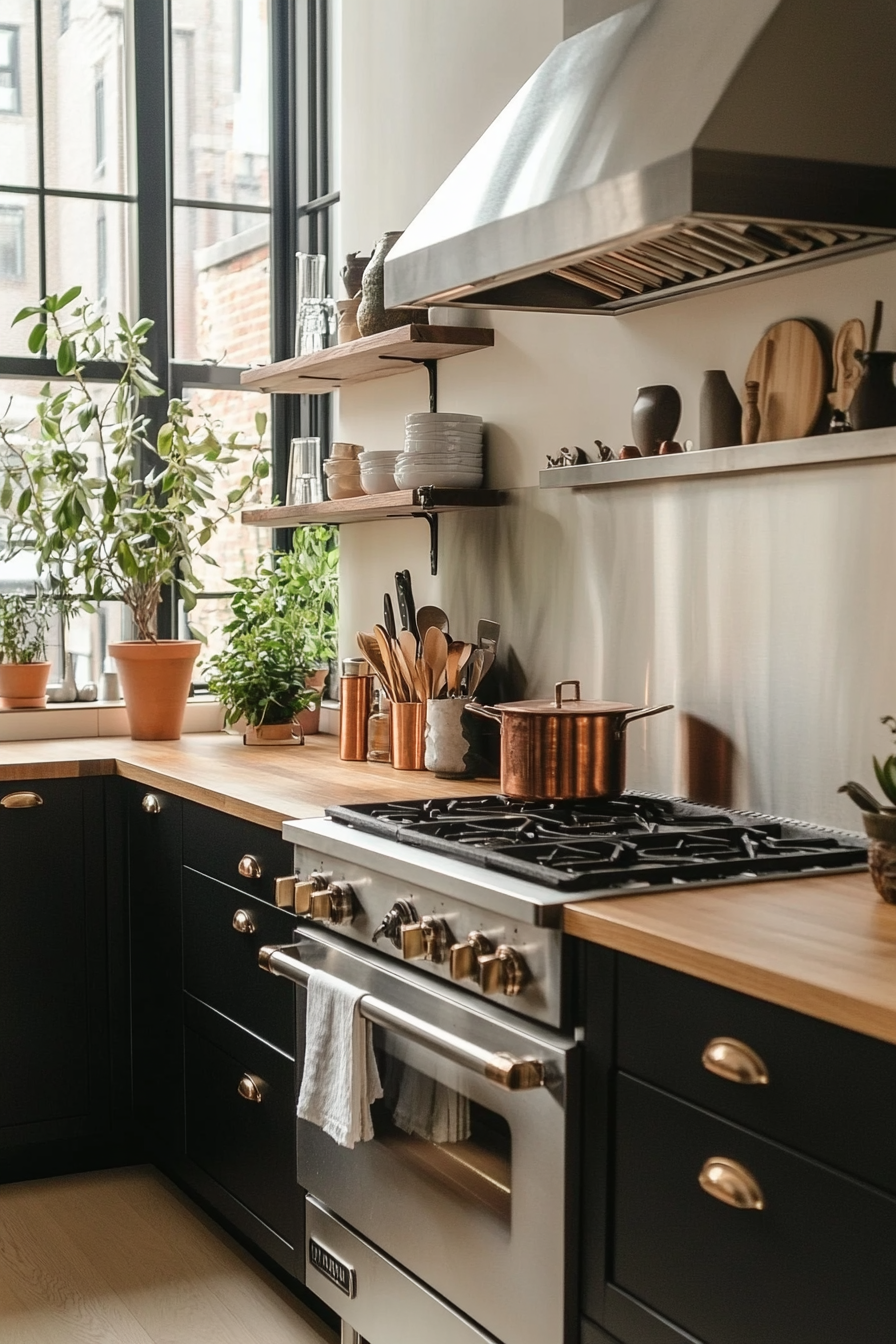 Metal backsplash with butcher block countertops for an industrial kitchen
