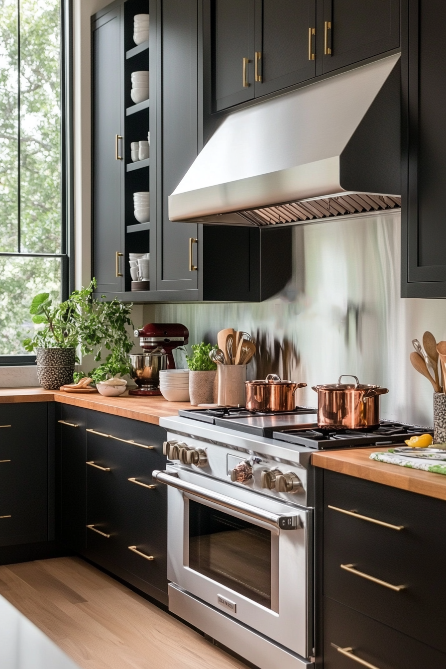 Sleek metal backsplash paired with butcher block countertops in an industrial kitchen