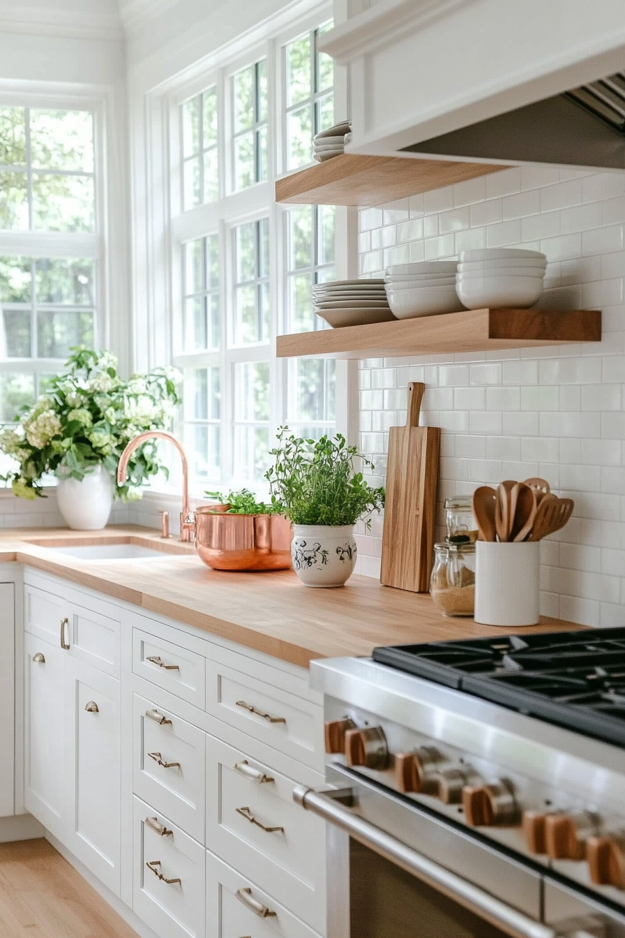 Clean white subway tile backsplash with butcher block countertops and white cabinets