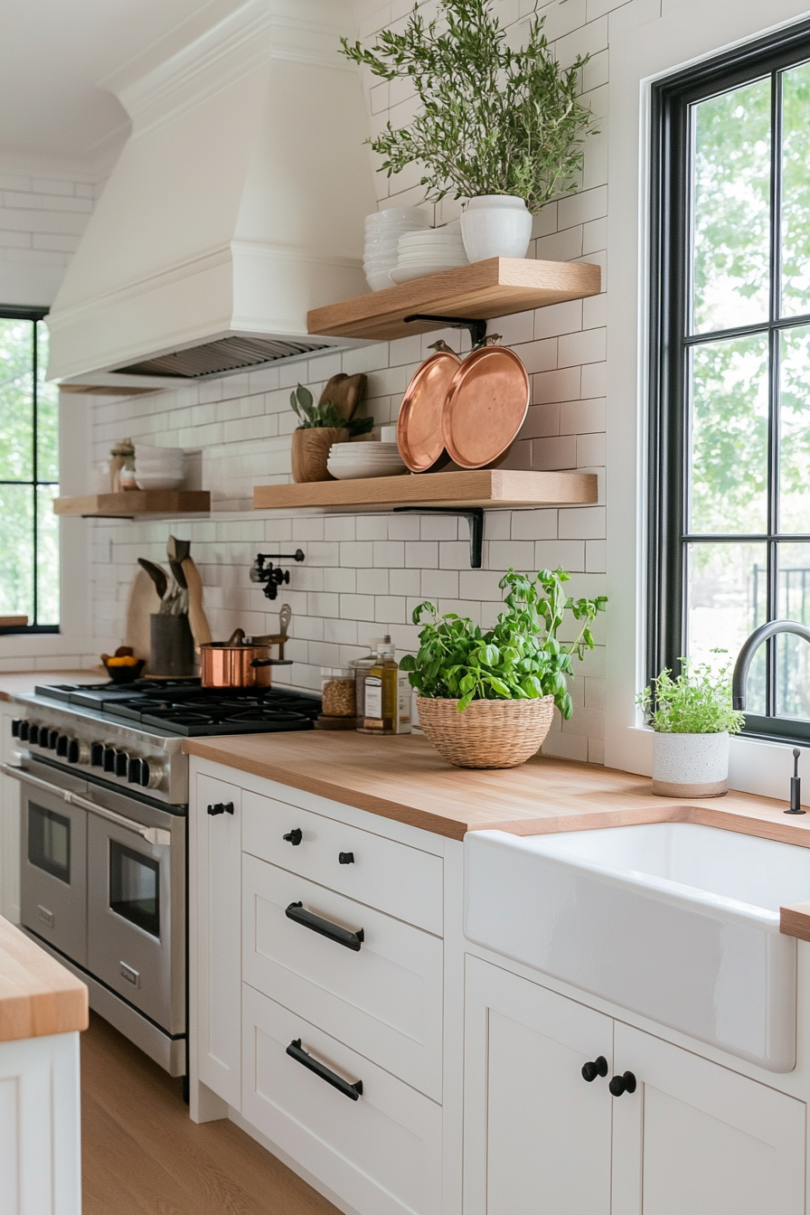 White cabinets with white subway tiles and butcher block countertops for a bright kitchen