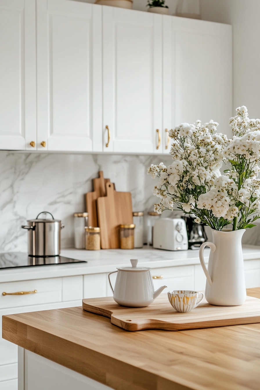 Elegant white marble backsplash with butcher block countertops