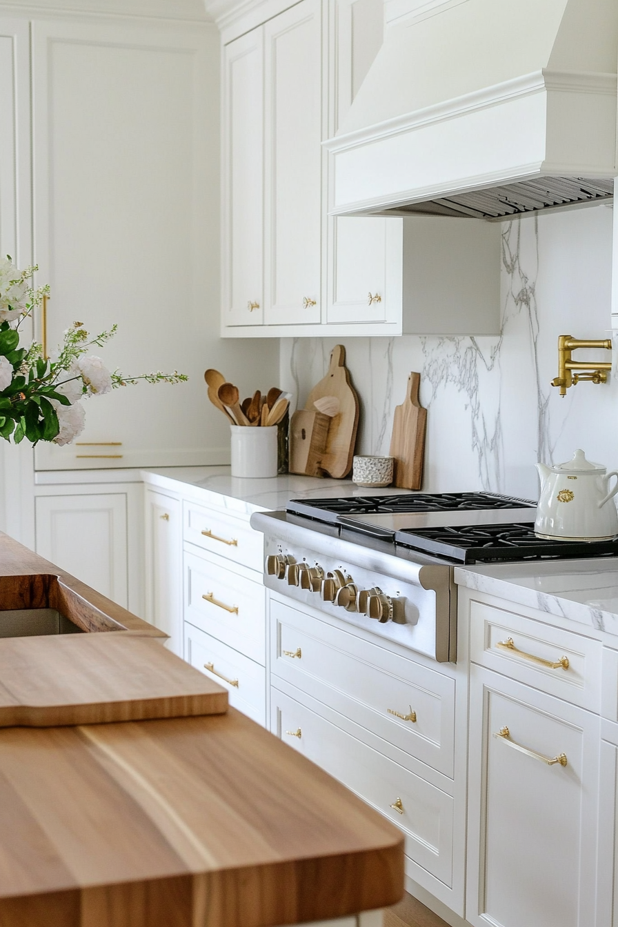 Luxurious white marble backsplash with butcher block countertops for an elegant kitchen