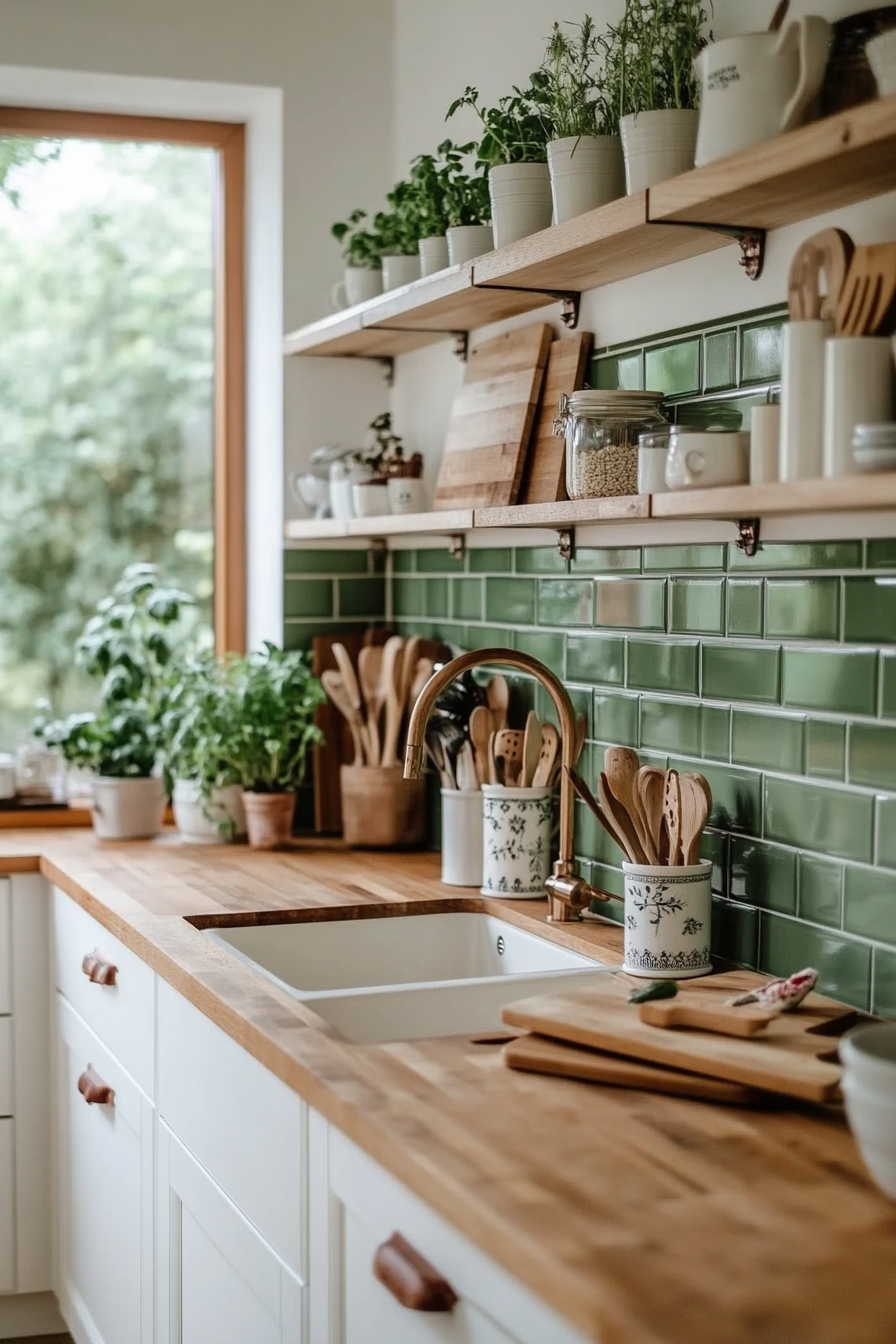 Serene green tile backsplash with butcher block countertops
