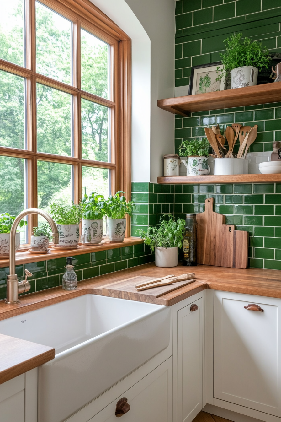 Glossy green tiles paired with butcher block countertops in a biophilic kitchen