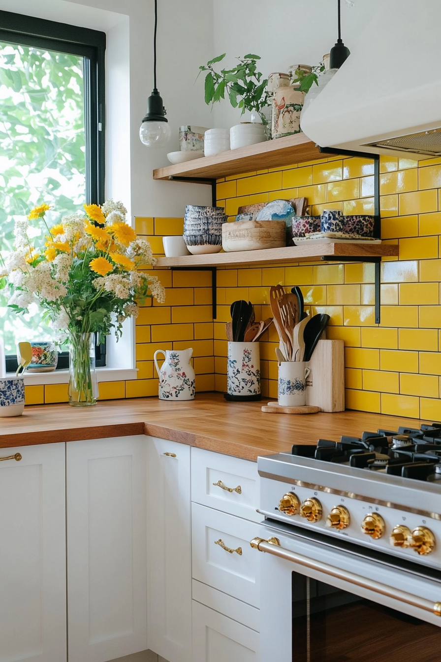 Warm yellow tile backsplash with butcher block countertops for a cheerful kitchen