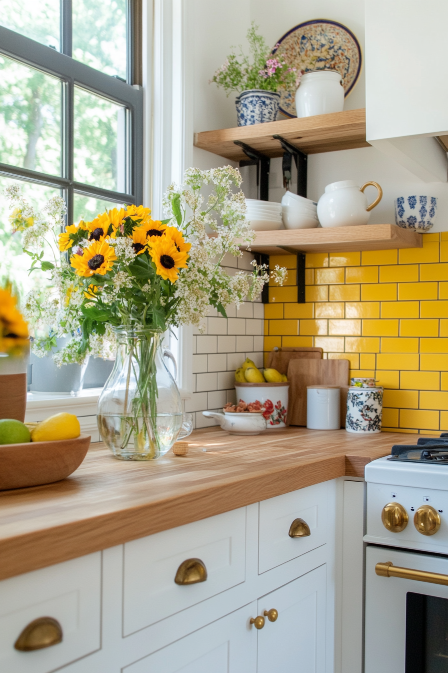 Sunny yellow tiles paired with butcher block countertops for a bright kitchen