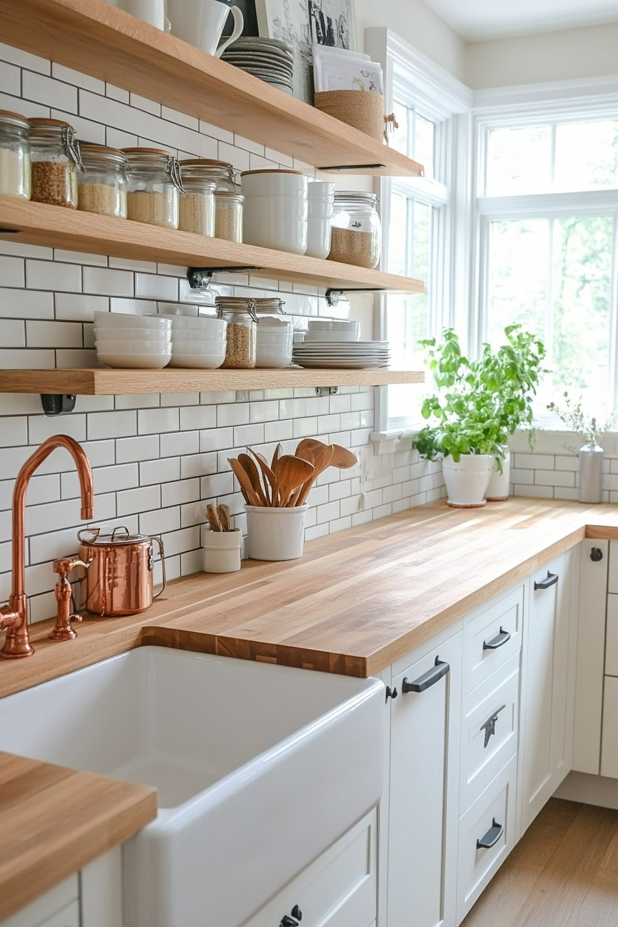 Classic white subway tiles with butcher block countertops in a bright kitchen