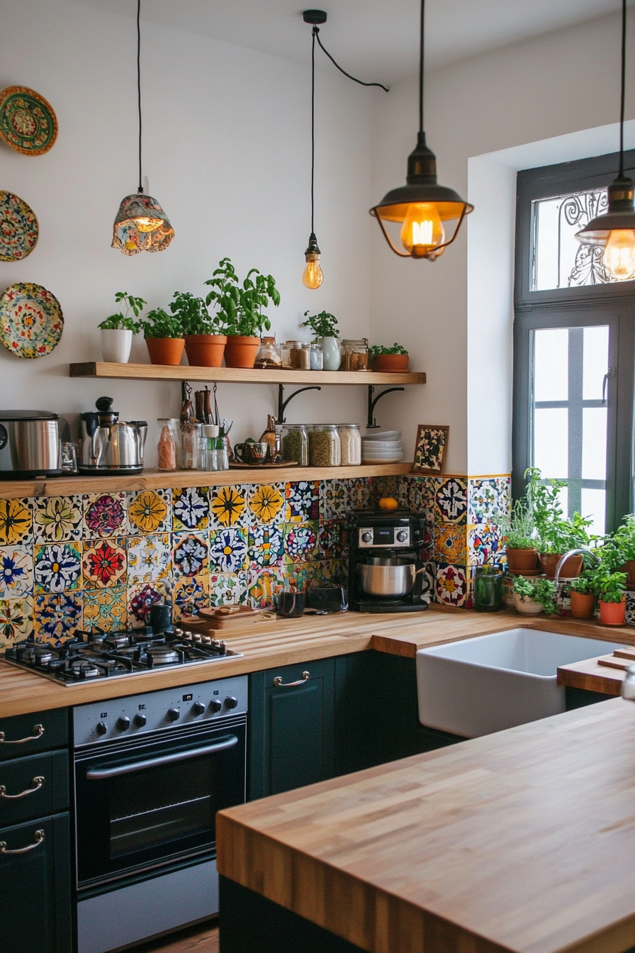 Bold colorful tiles with butcher block countertops