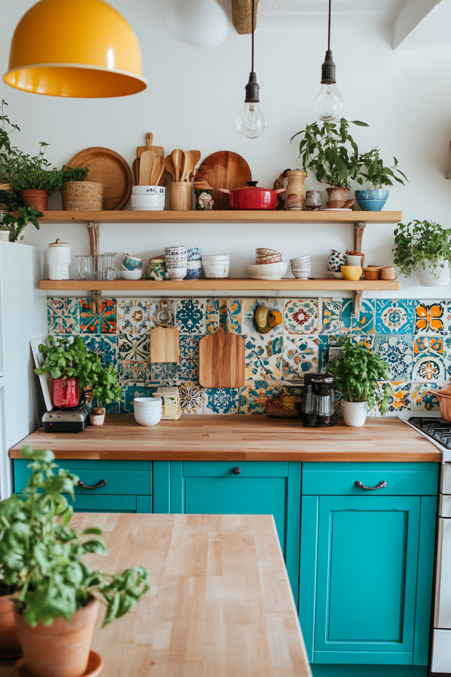 Vibrant colorful tiles paired with warm butcher block countertops