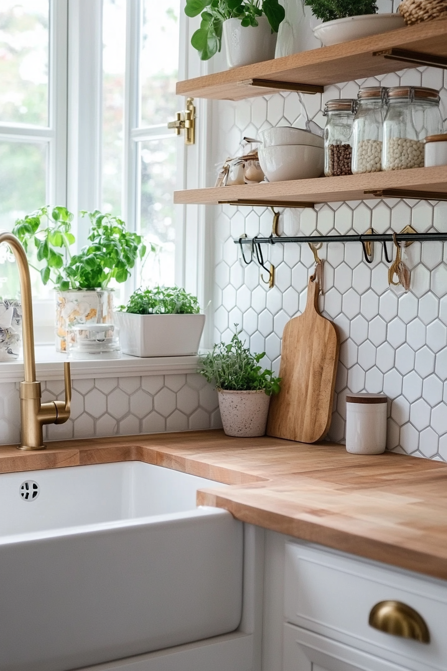 Unique geometric tile shapes with butcher block countertops