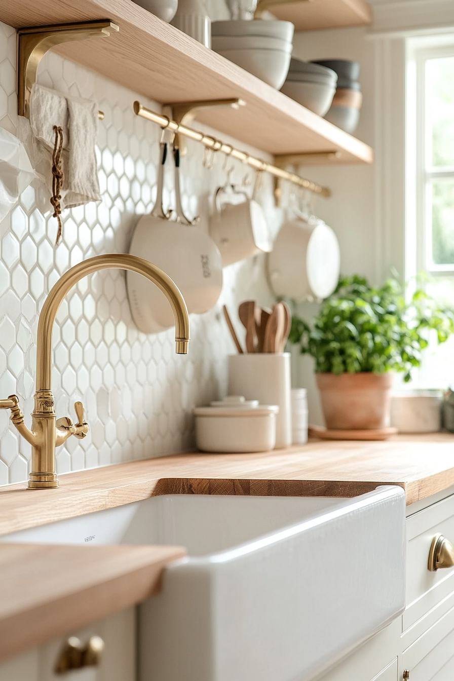 Hexagonal tile shapes with butcher block countertops in a modern kitchen