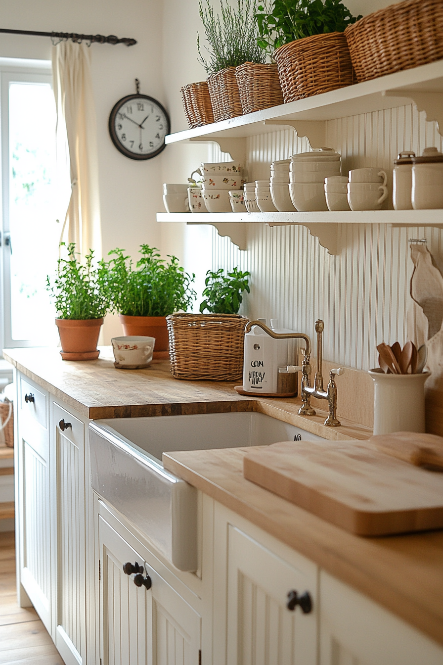 Beadboard backsplash with butcher block countertops for a rustic feel