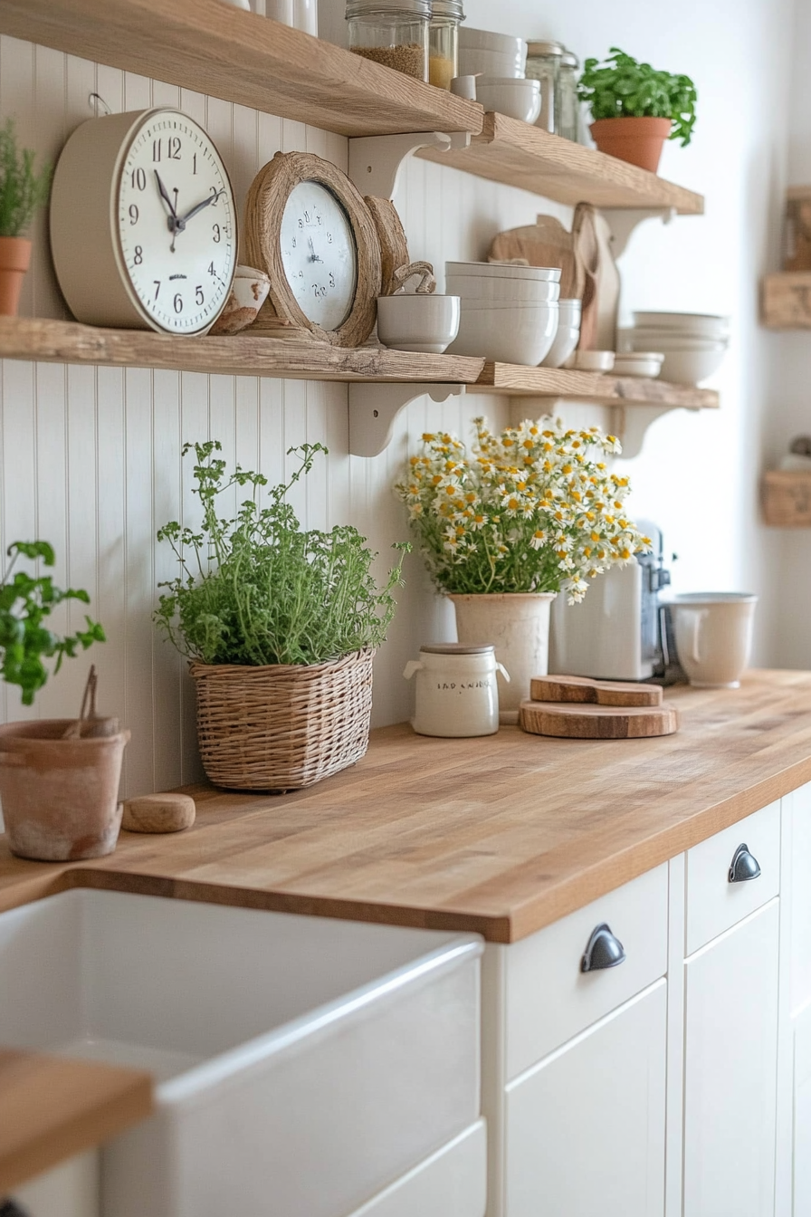 Cozy beadboard backsplash paired with butcher block countertops in a farmhouse kitchen
