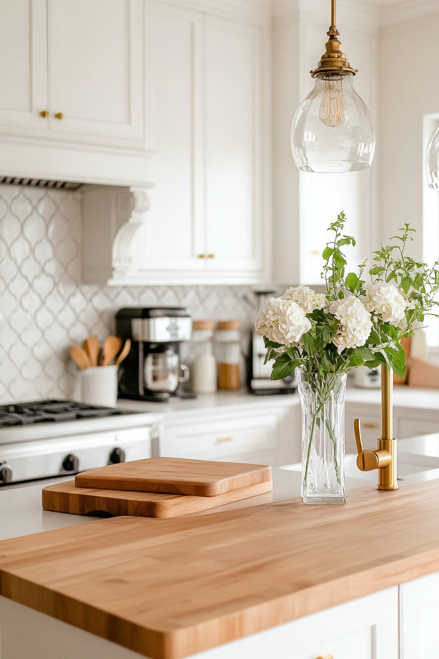 Intricate arabesque tiles paired with butcher block countertops