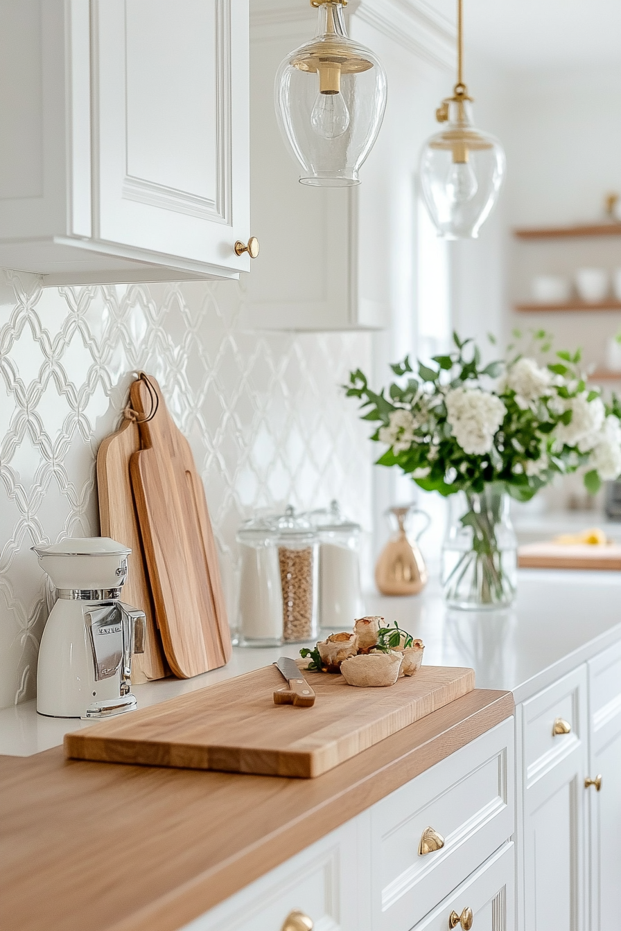Ornate arabesque tiles with butcher block countertops for an elegant kitchen