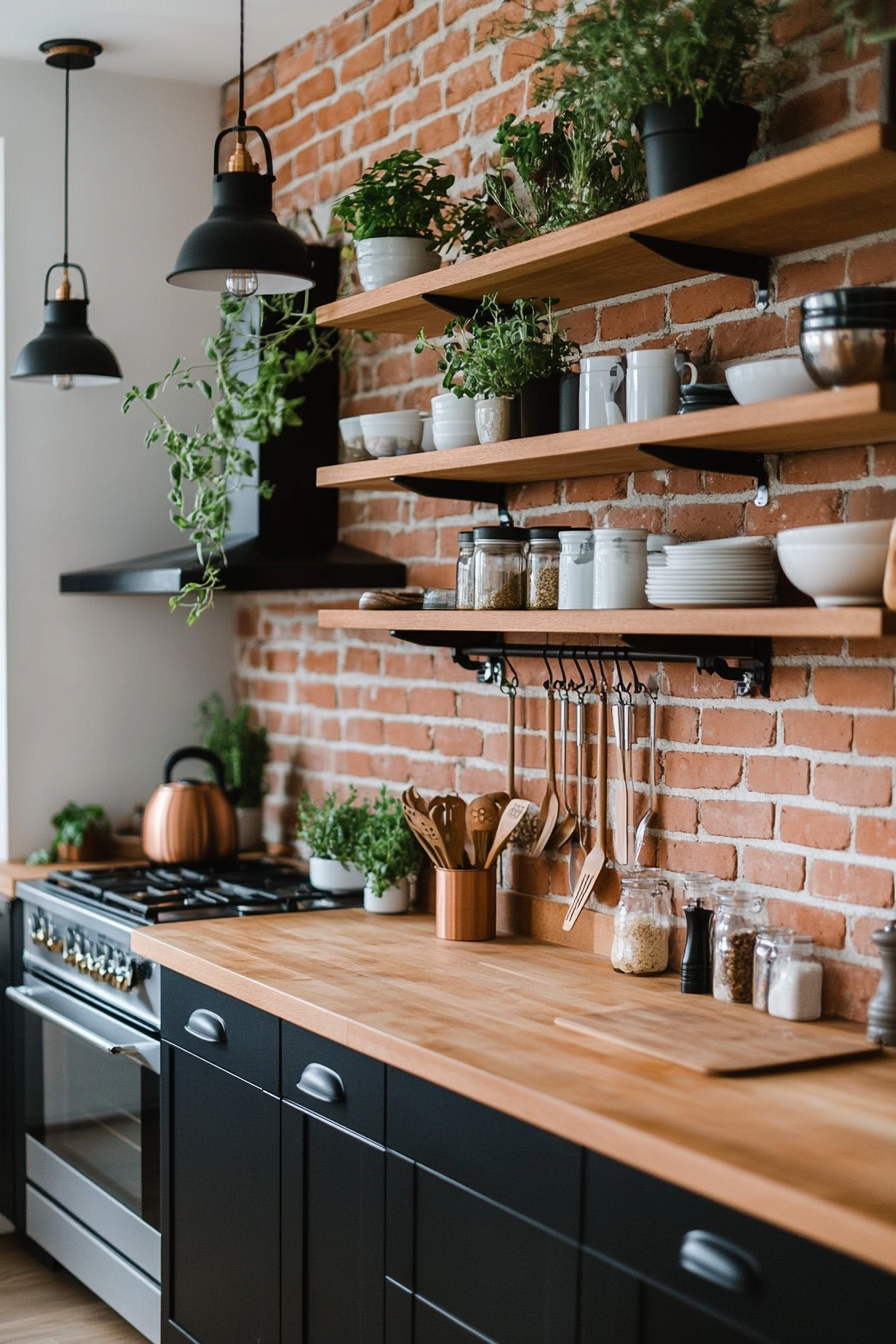Rustic brick backsplash with butcher block countertops for an industrial vibe