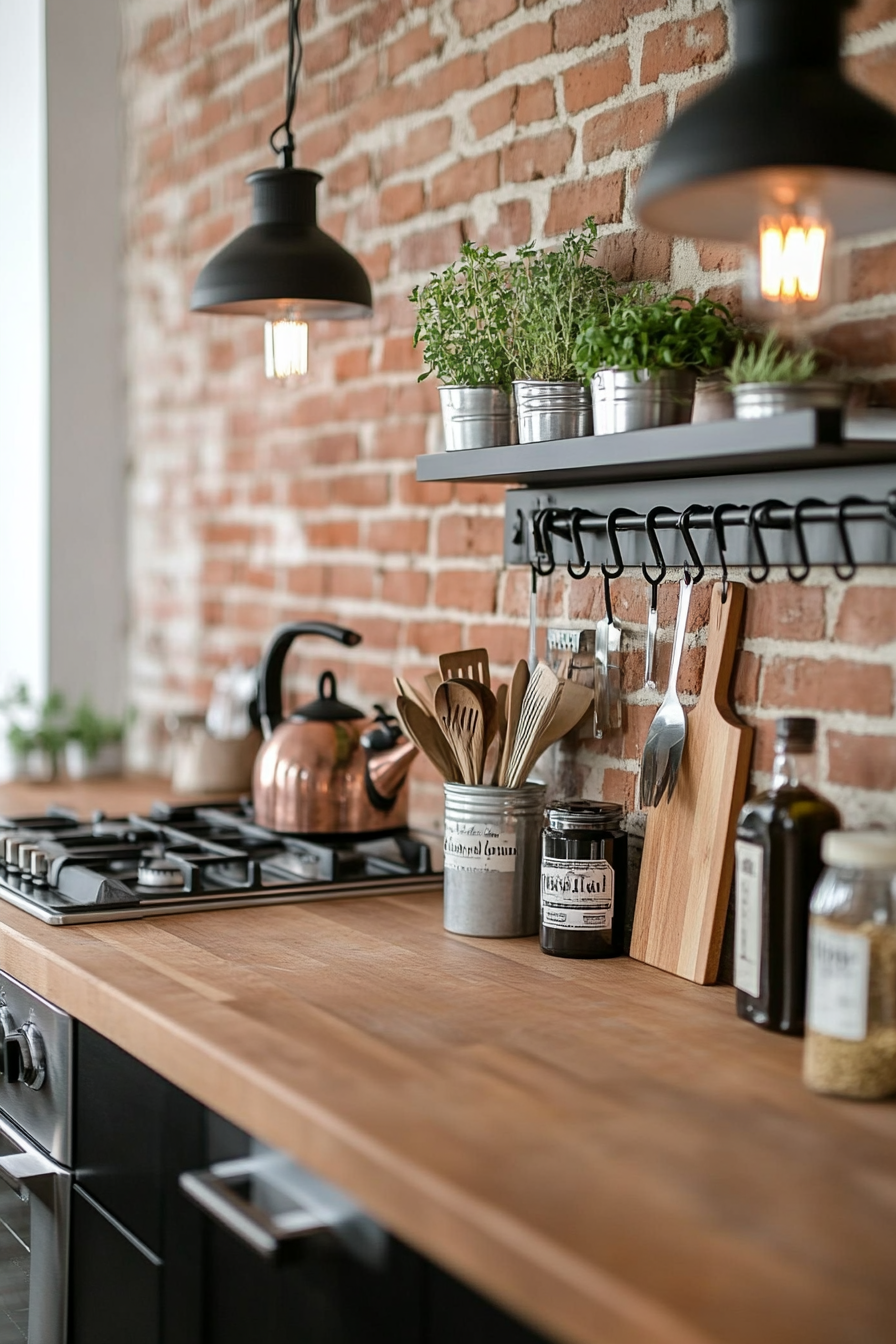 Exposed brick backsplash paired with butcher block countertops for a rustic look