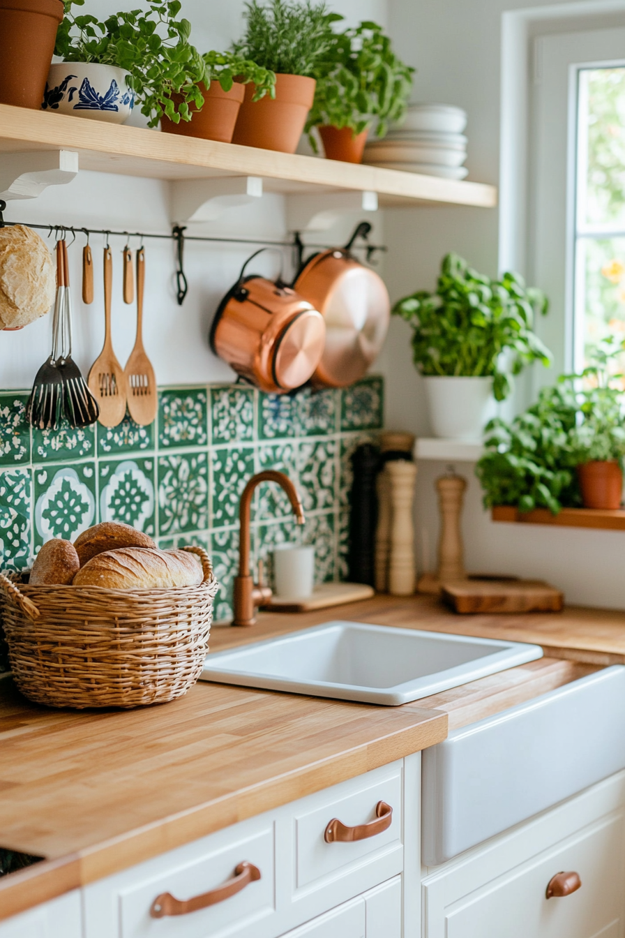 Intricate mosaic tile backsplash with butcher block countertops