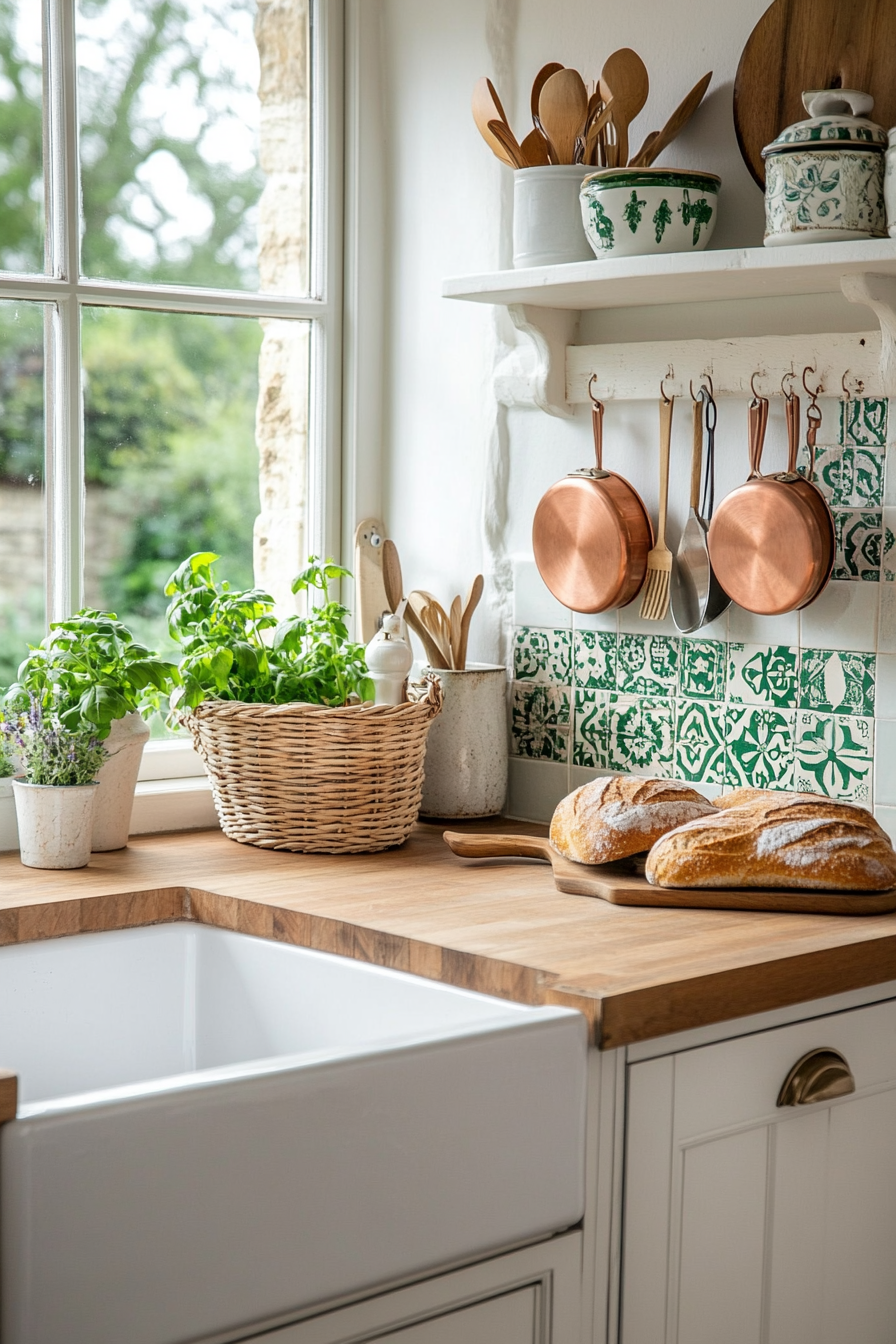 Artistic mosaic tiles paired with butcher block countertops for a creative kitchen