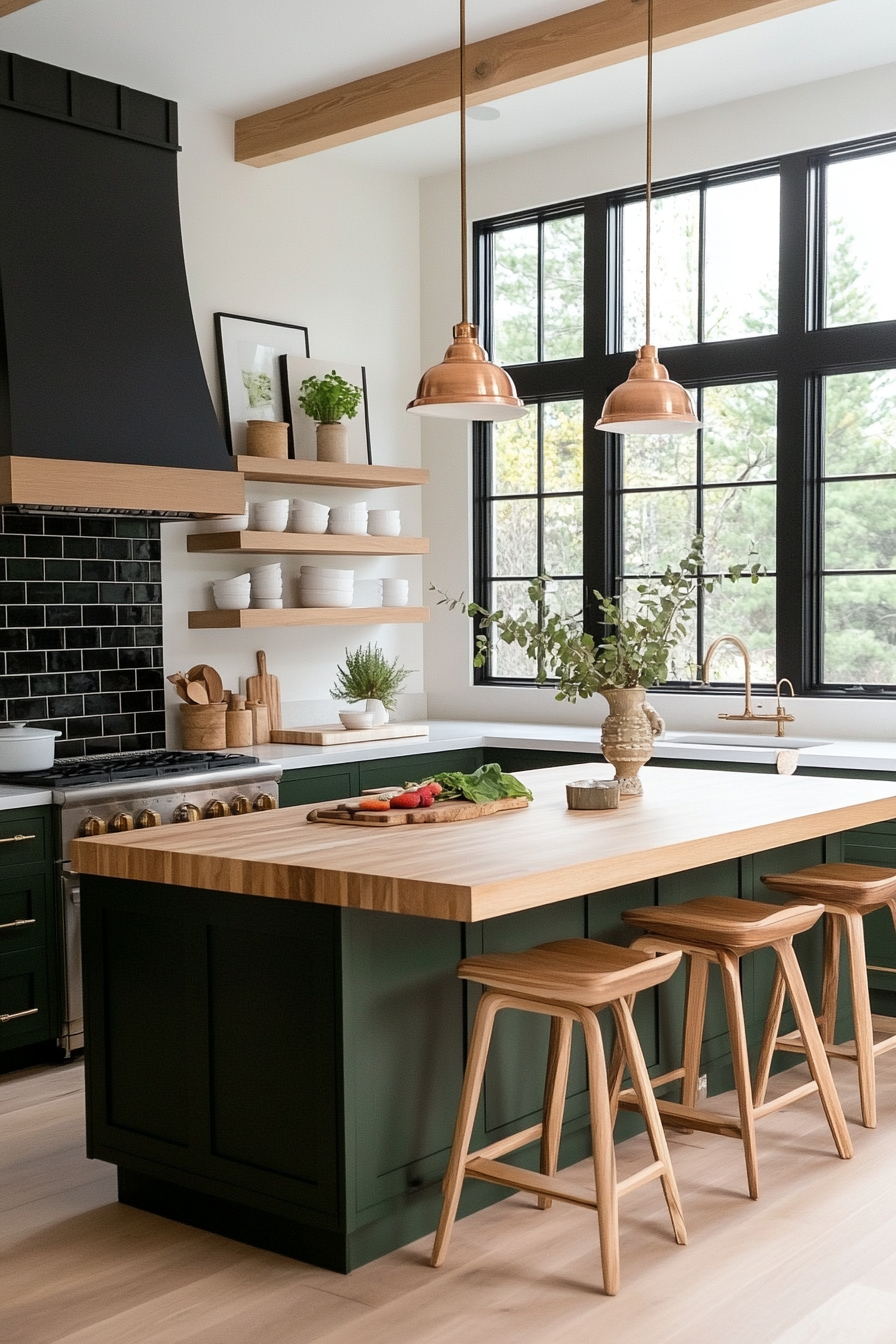 Bold black backsplash with green cabinets and butcher block countertops