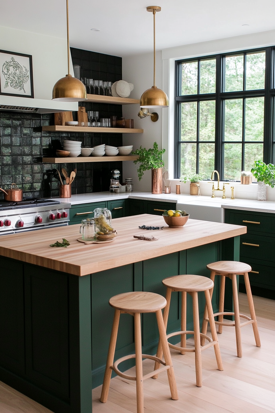 Matte black backsplash with butcher block countertops and green cabinets