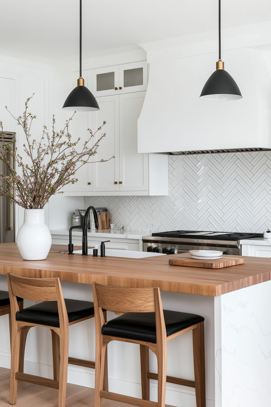 Herringbone backsplash with butcher block countertops for a sophisticated look