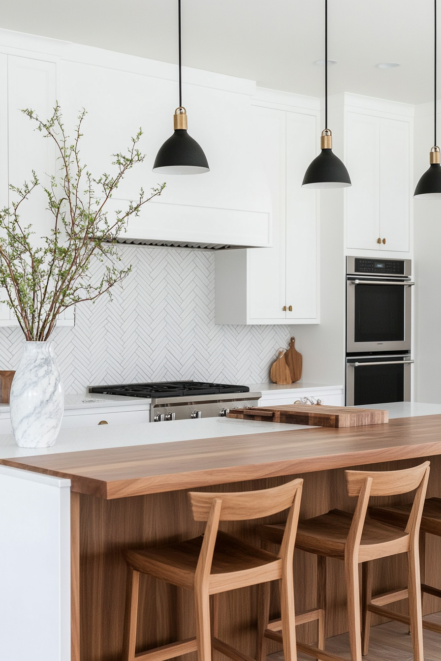 White herringbone tile paired with butcher block countertops for a timeless look