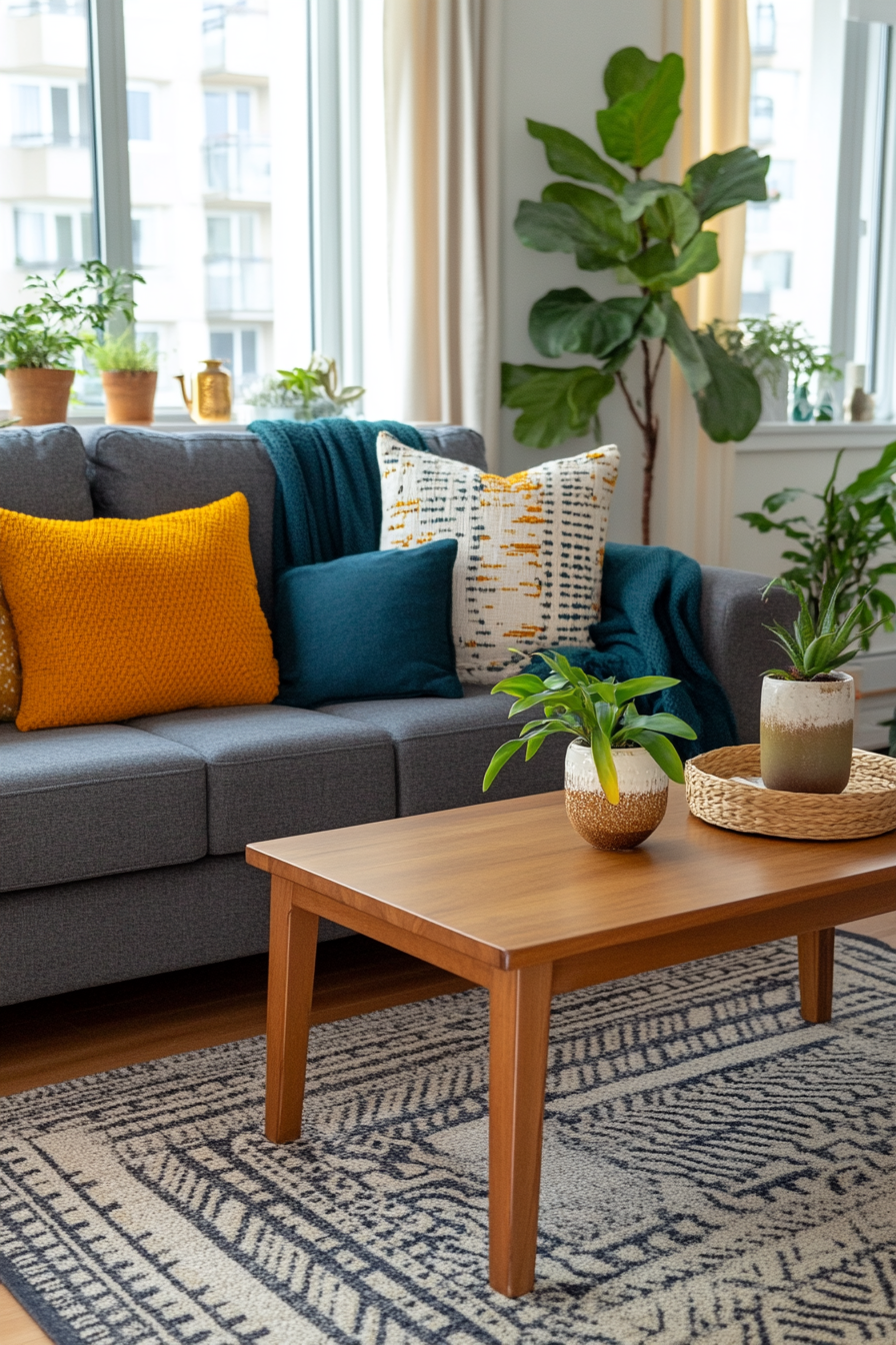 Mix of earthy tones with vibrant accent colors in a Boho Mid-Century living room