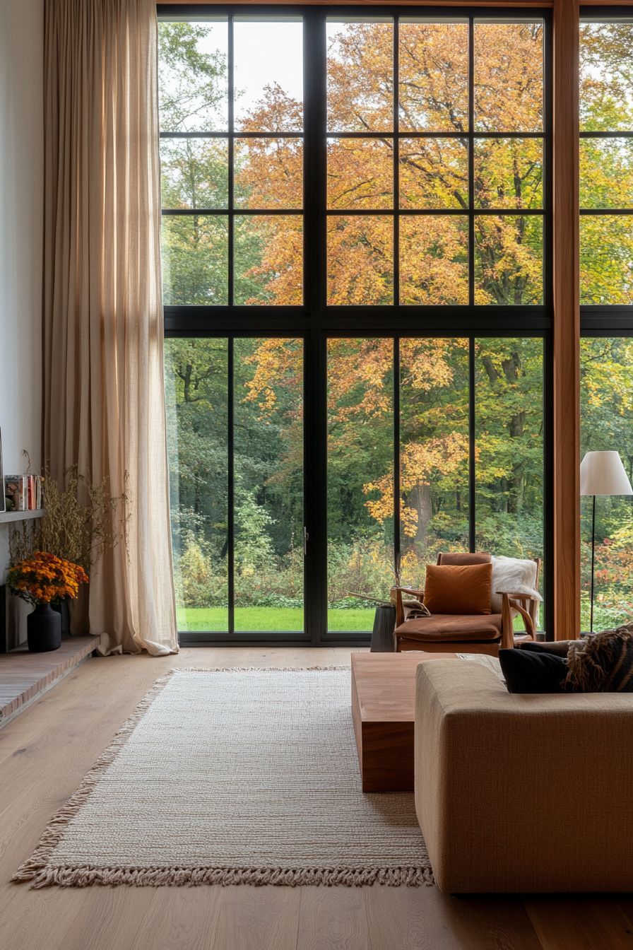 Light, flowing curtains framing large windows in a Boho Mid-Century room