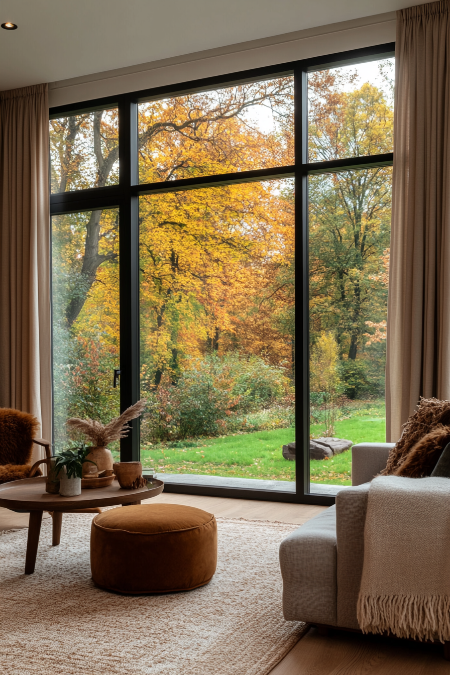 Subtle, soft patterned curtains in a Boho Mid-Century living room