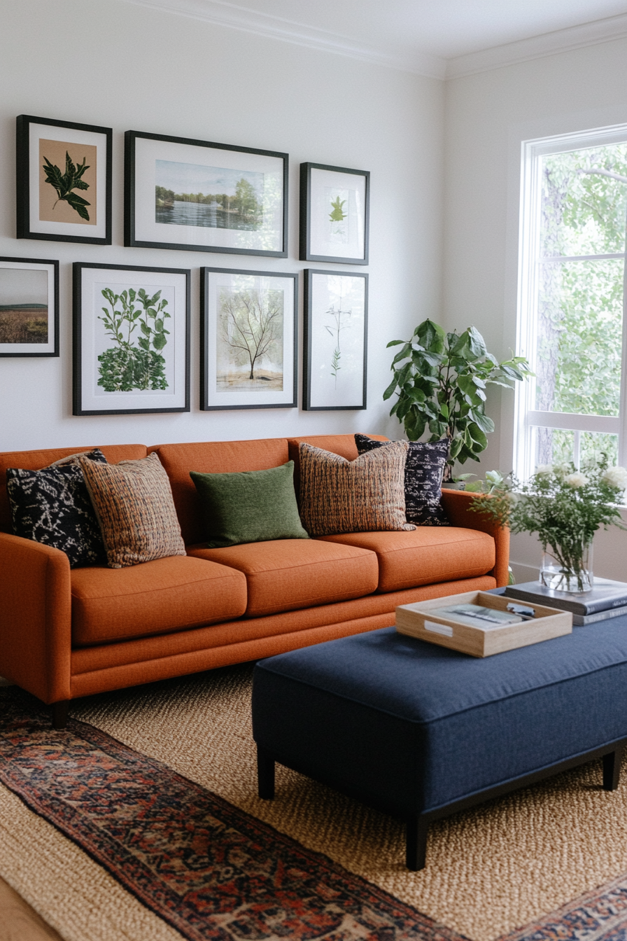 Casual gallery wall blending modern and boho art styles