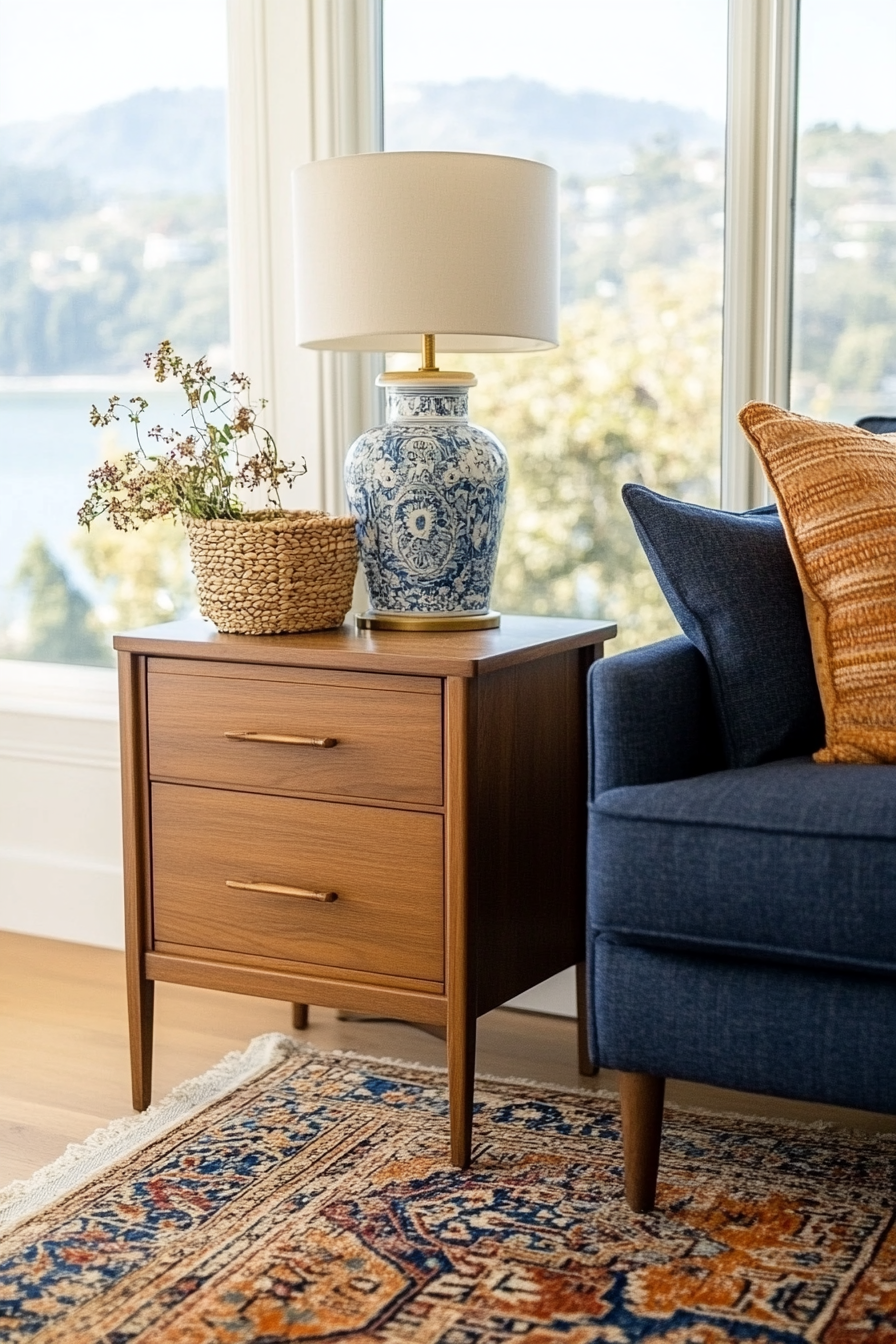 Eclectic accent pieces balancing form and function in a Boho Mid-Century room