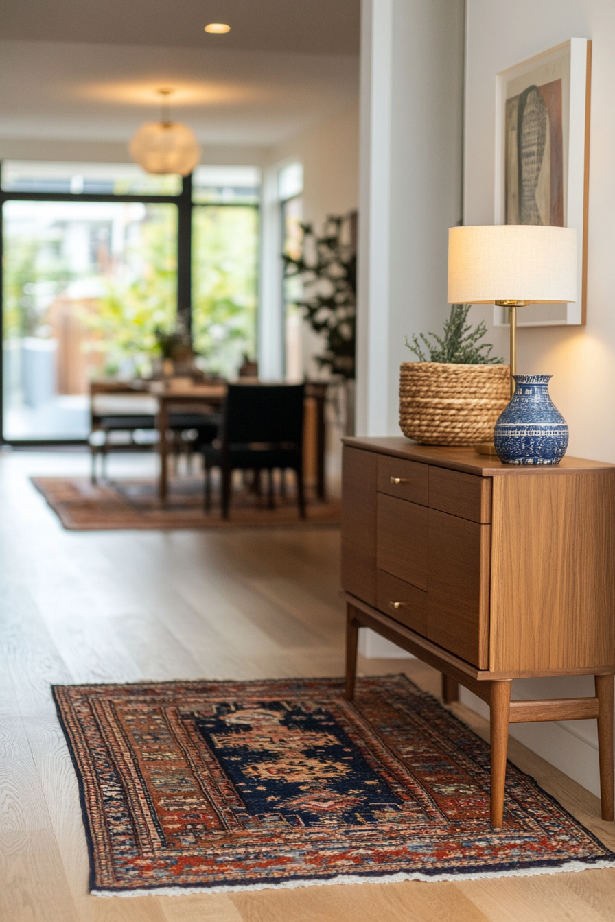 Mid-Century Modern side table with colorful boho accents in a Boho Mid-Century room