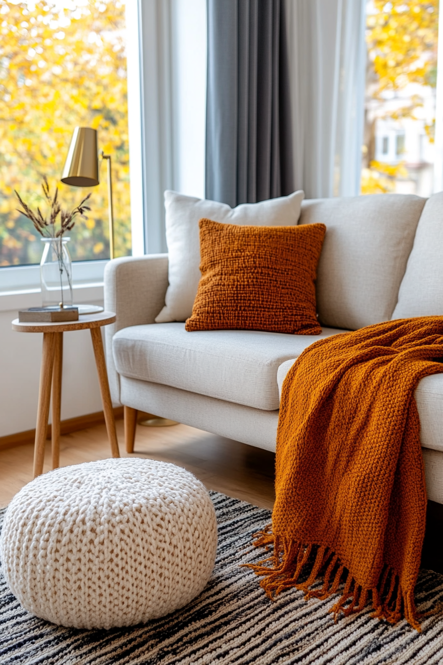 Cozy, layered textures in a Boho Mid-Century Modern living room