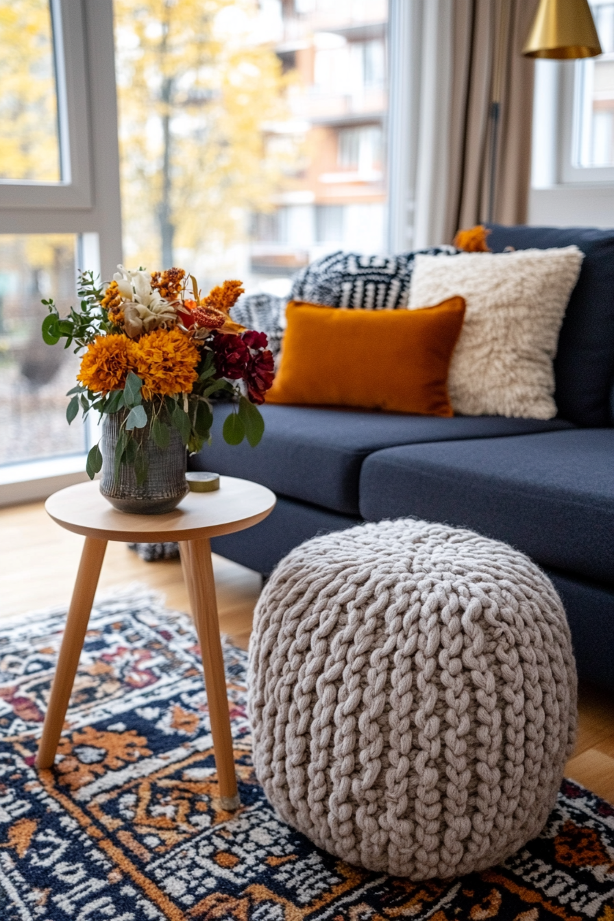 Warm lighting and layered cushions creating a cozy feel in a Boho Mid-Century Modern room
