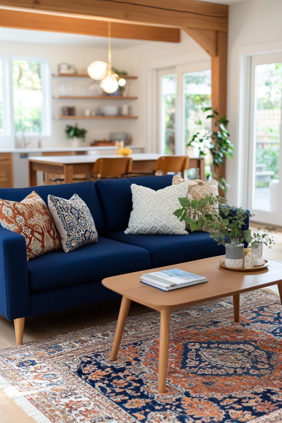 Bold blue couch as centerpiece in a Boho Mid-Century Modern living room