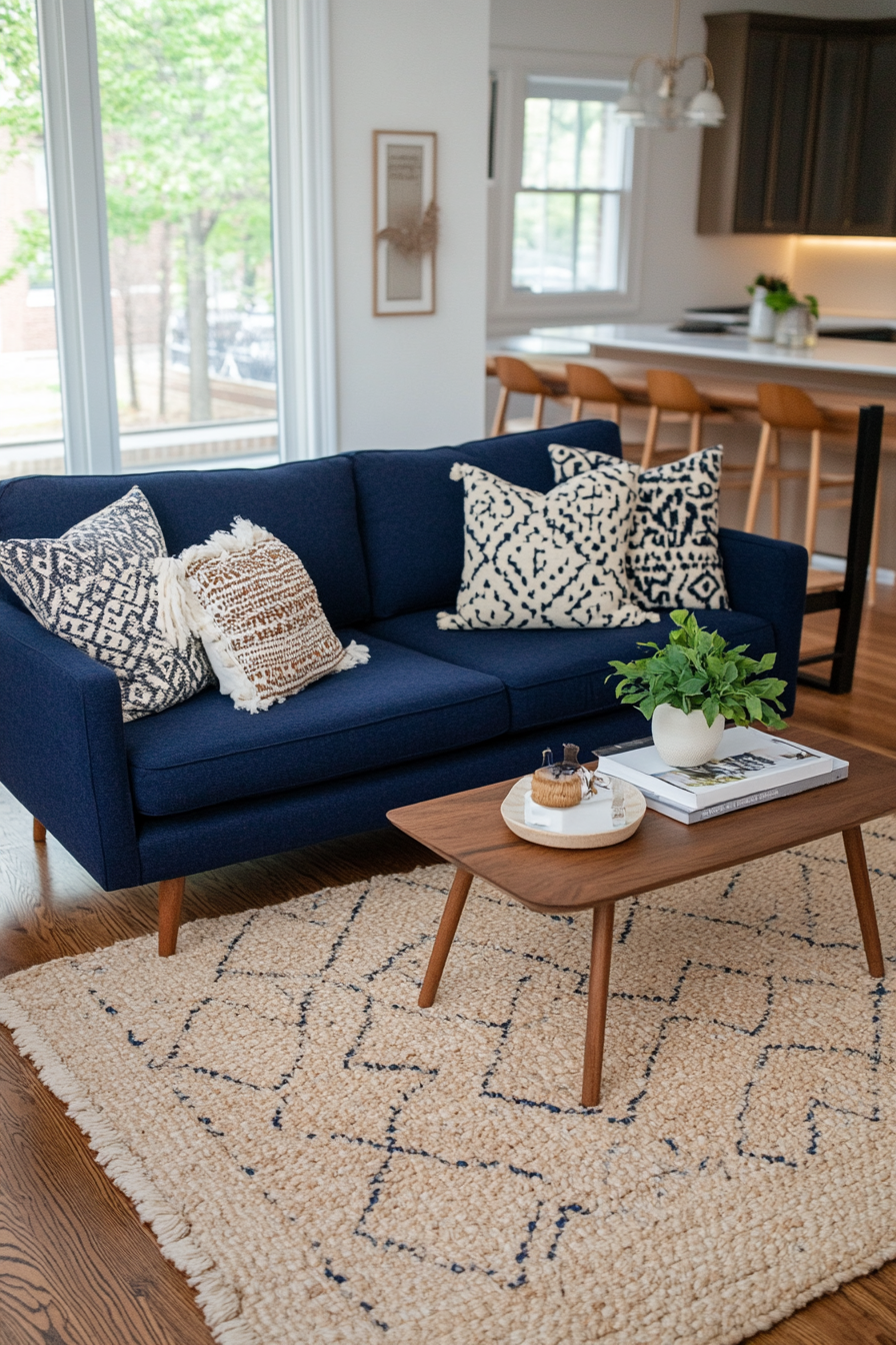 Luxurious blue couch paired with natural elements in a Boho Mid-Century Modern room