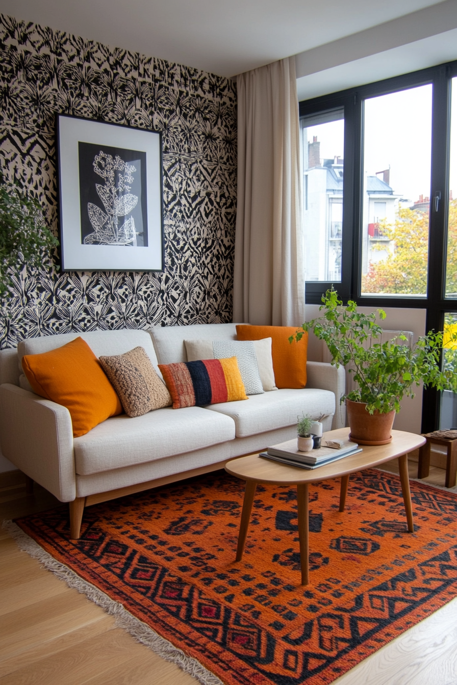 Bold wallpaper as a statement in a Boho Mid-Century living room