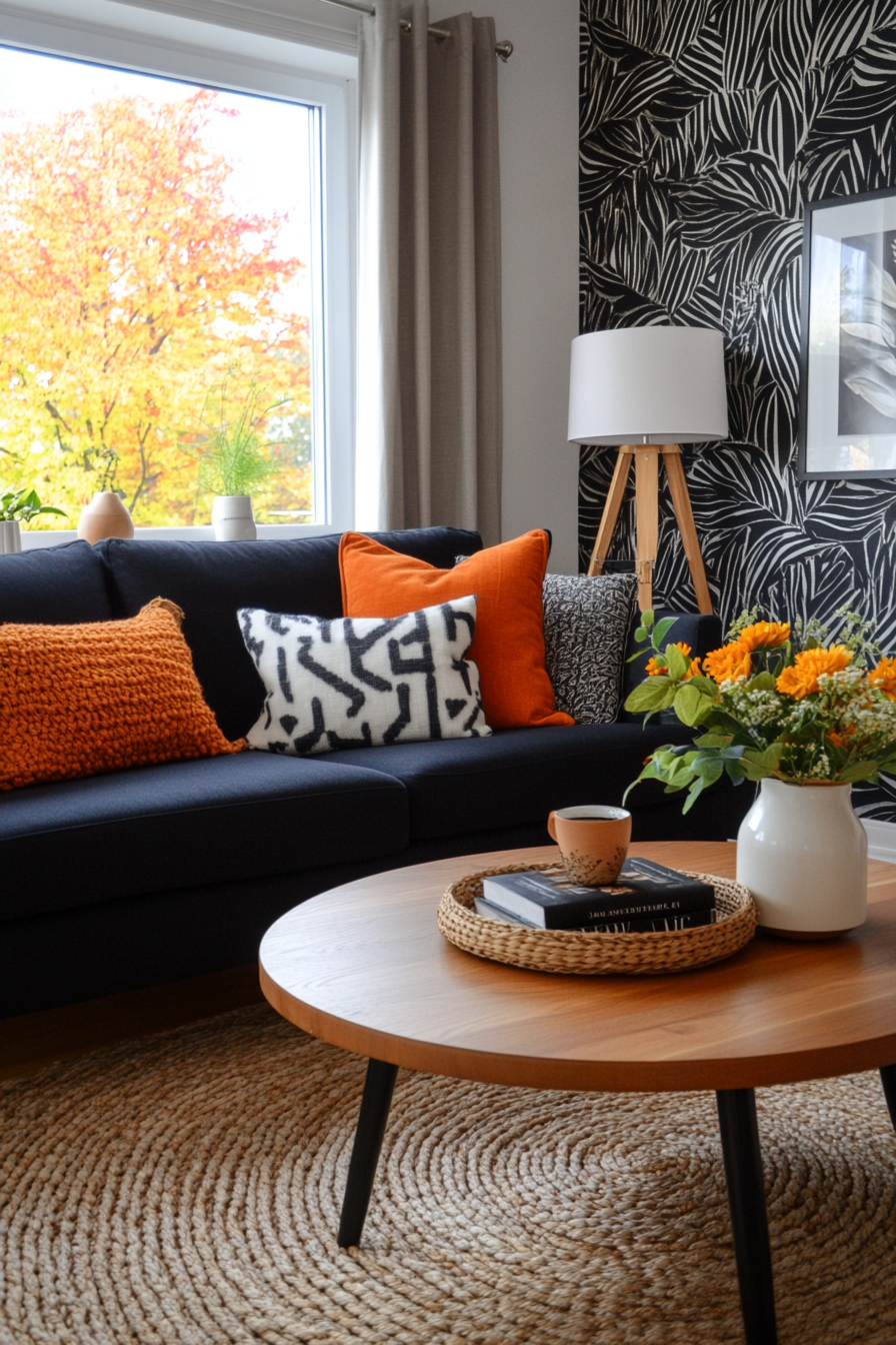 Statement wallpaper with clean Mid-Century furniture in a Boho Mid-Century living room