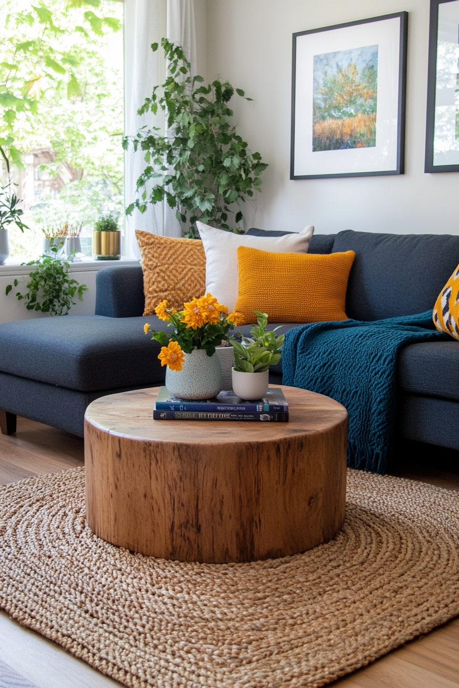 Careful balance of muted and bright tones in Boho Mid-Century living room