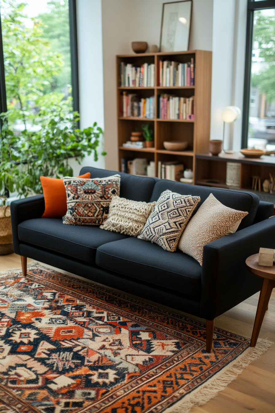 Layering boho textiles and Mid-Century Modern furniture