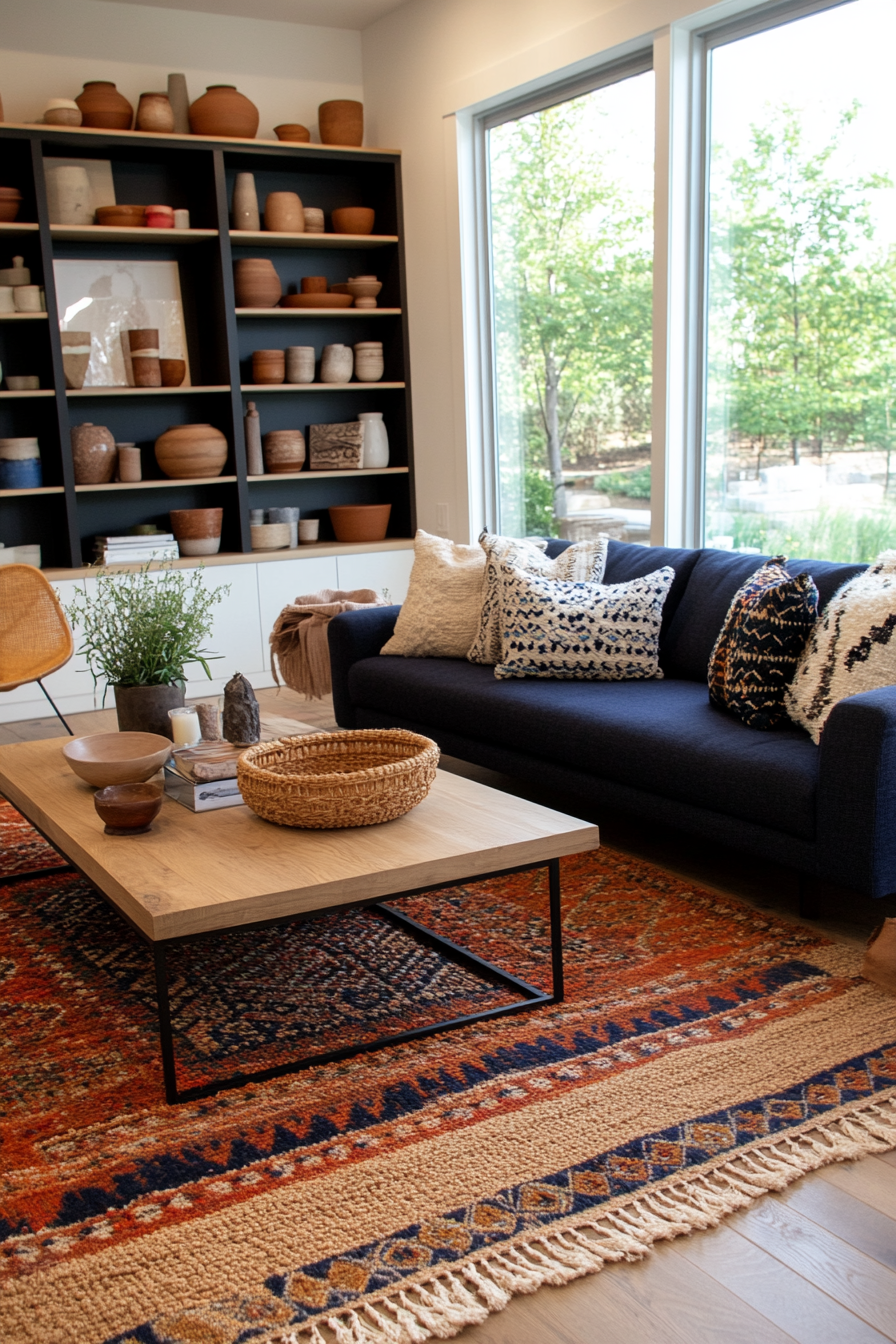 Personal treasures and eclectic layers in a Boho Mid-Century Modern room