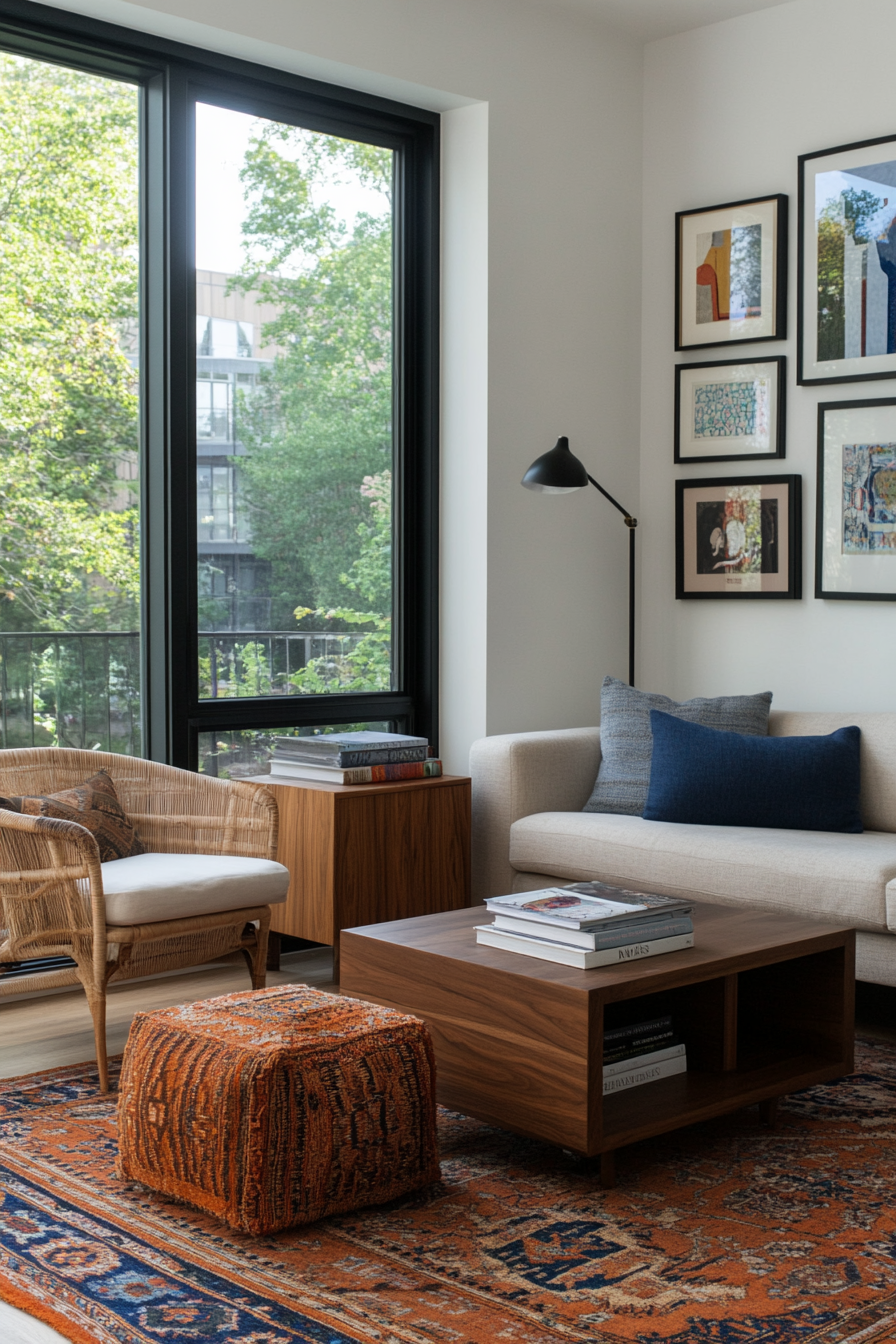 Eclectic mix of furniture styles in a Boho Mid-Century Modern living room