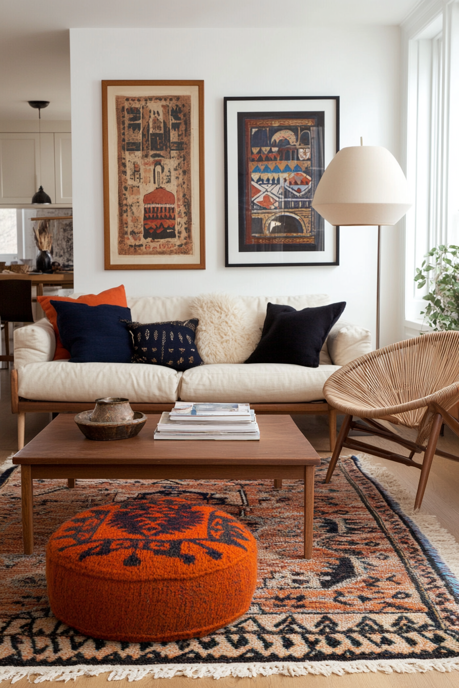 Mismatched furniture and eclectic elements in a Boho Mid-Century Modern room