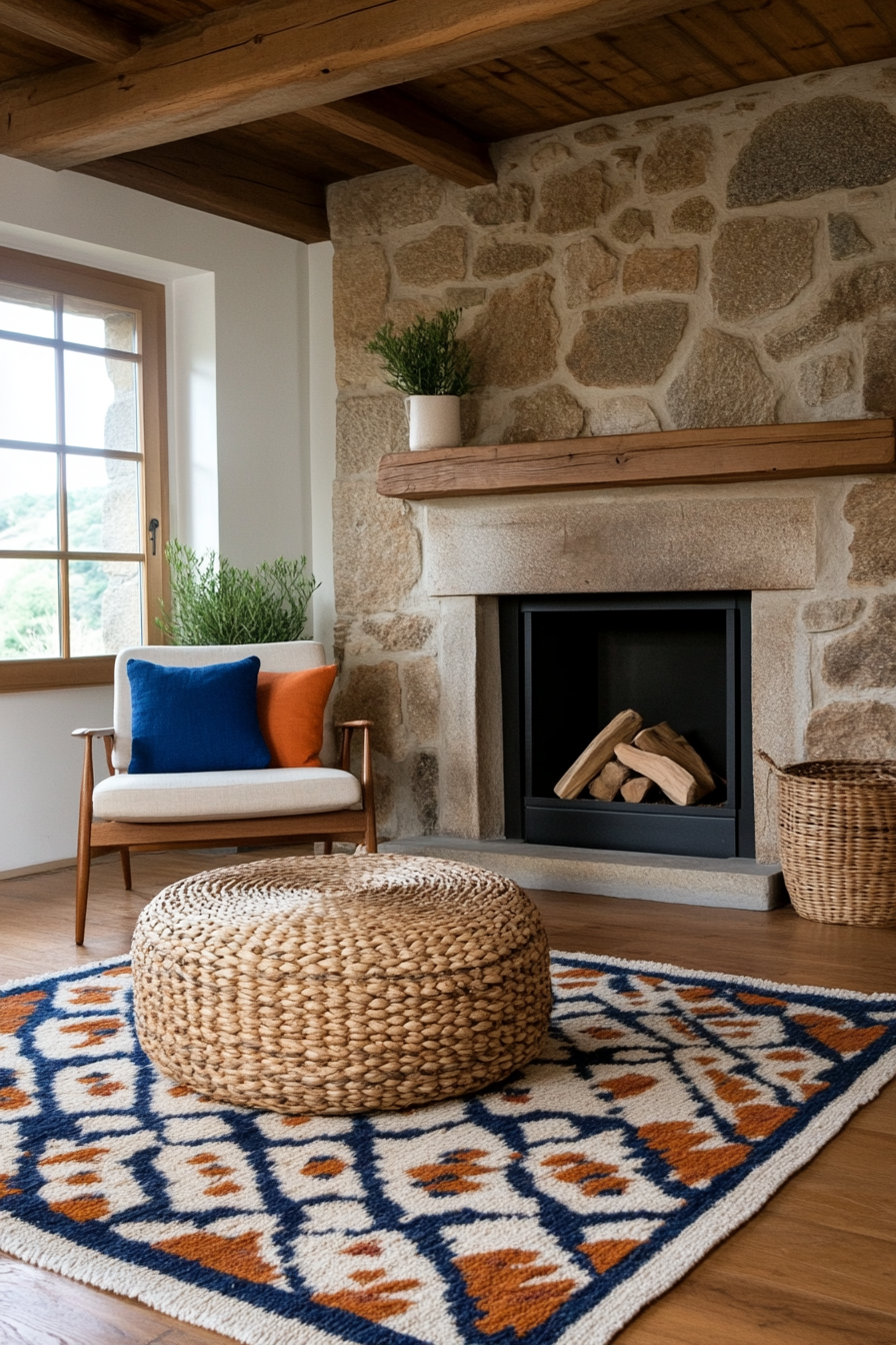 Sleek minimalist fireplace in a Boho Mid-Century living room