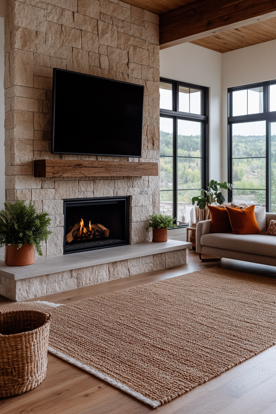Rustic decor around a sleek modern fireplace in a Boho Mid-Century living room