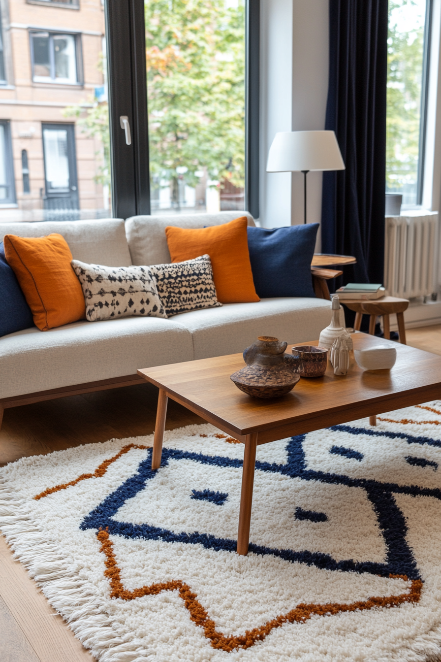 Bold, patterned rug in a Boho Mid-Century living room